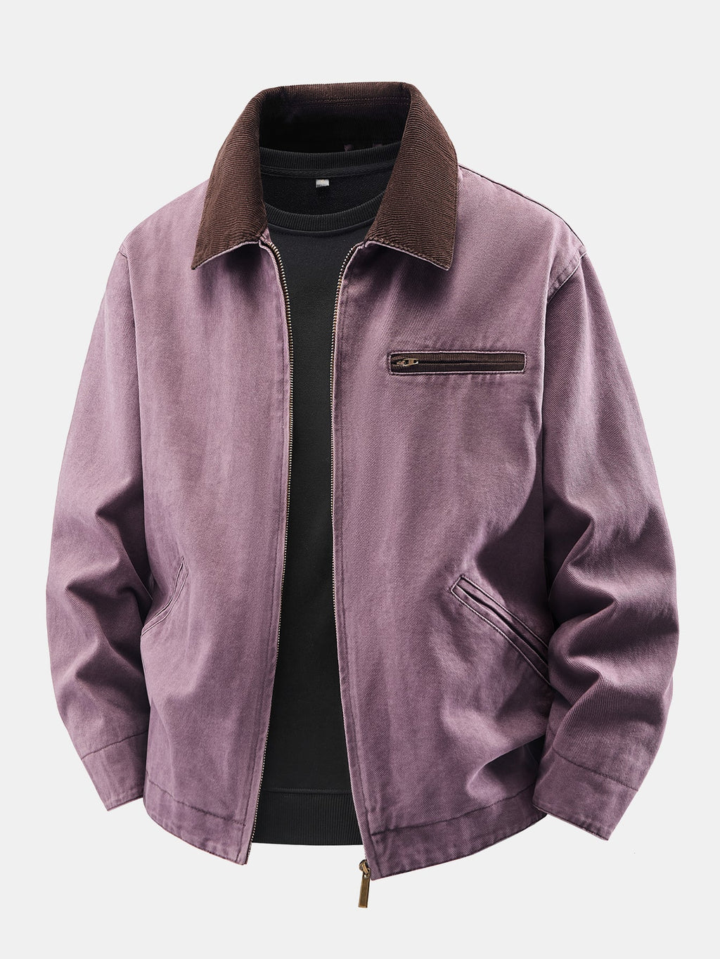 Washed Corduroy Collar Zip-Up Jacket