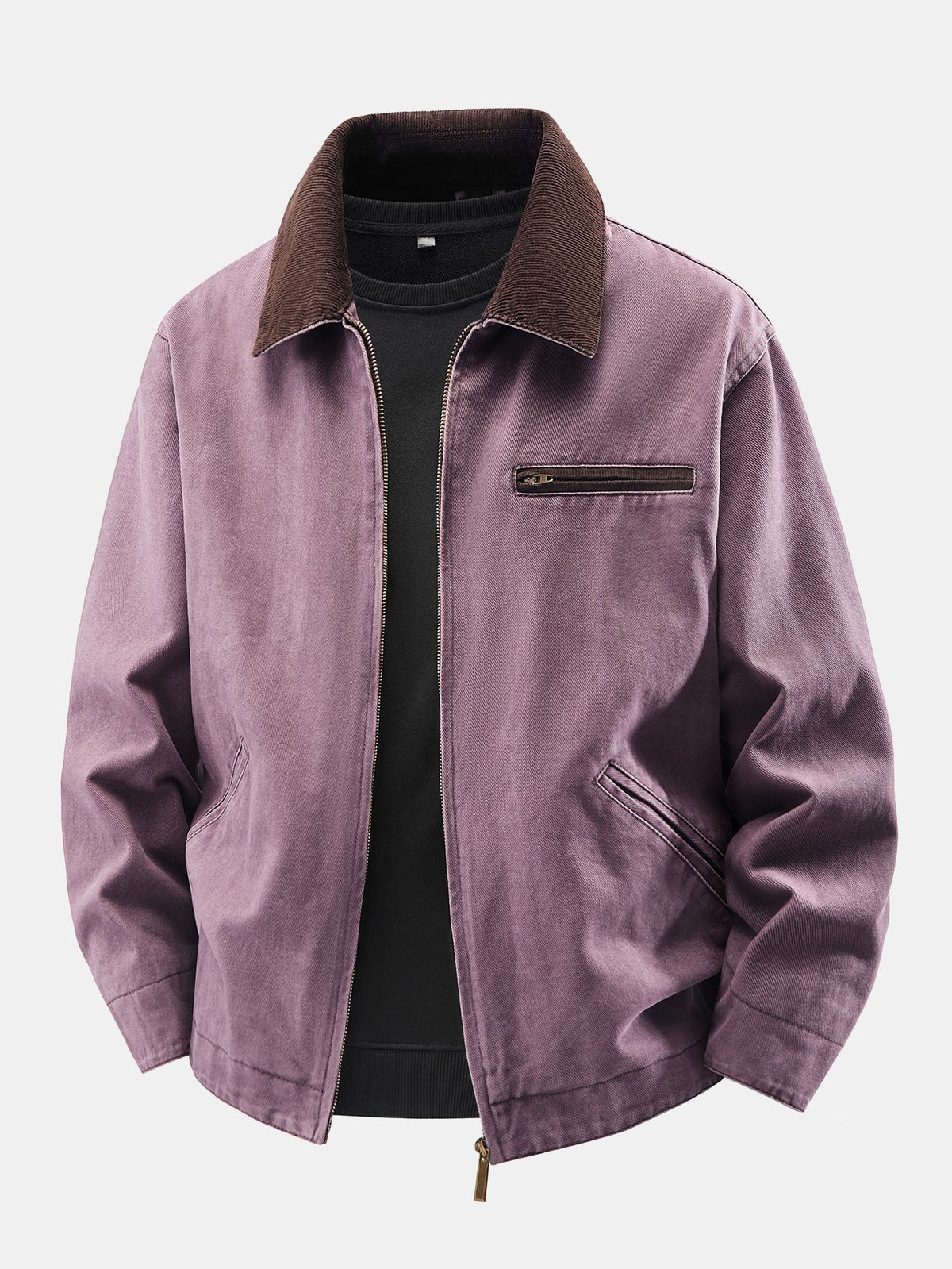 Washed Corduroy Collar Zip-Up Jacket