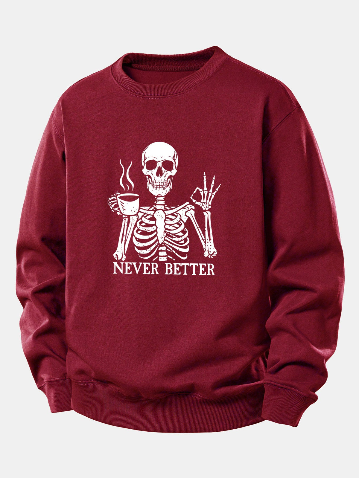 Never Better Skeleton Coffee Print Relax Fit Sweatshirt