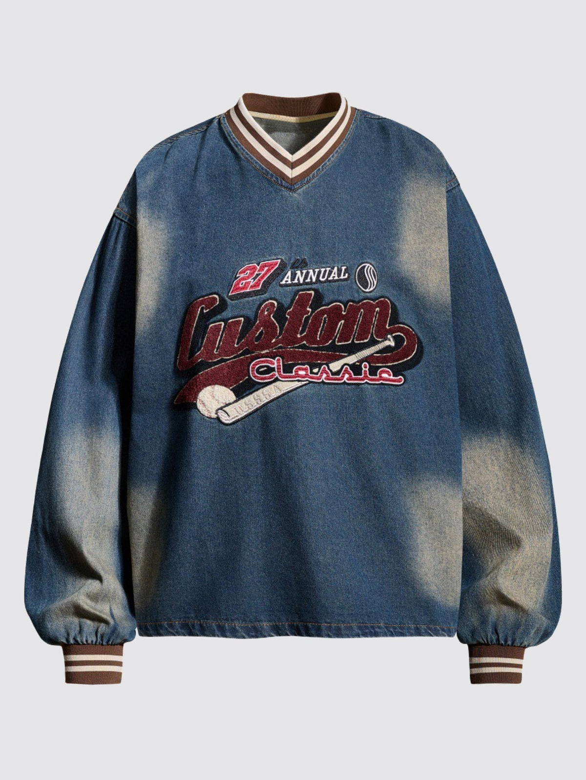 Vintage Washed Baseball Embroidered Denim Sweatshirt