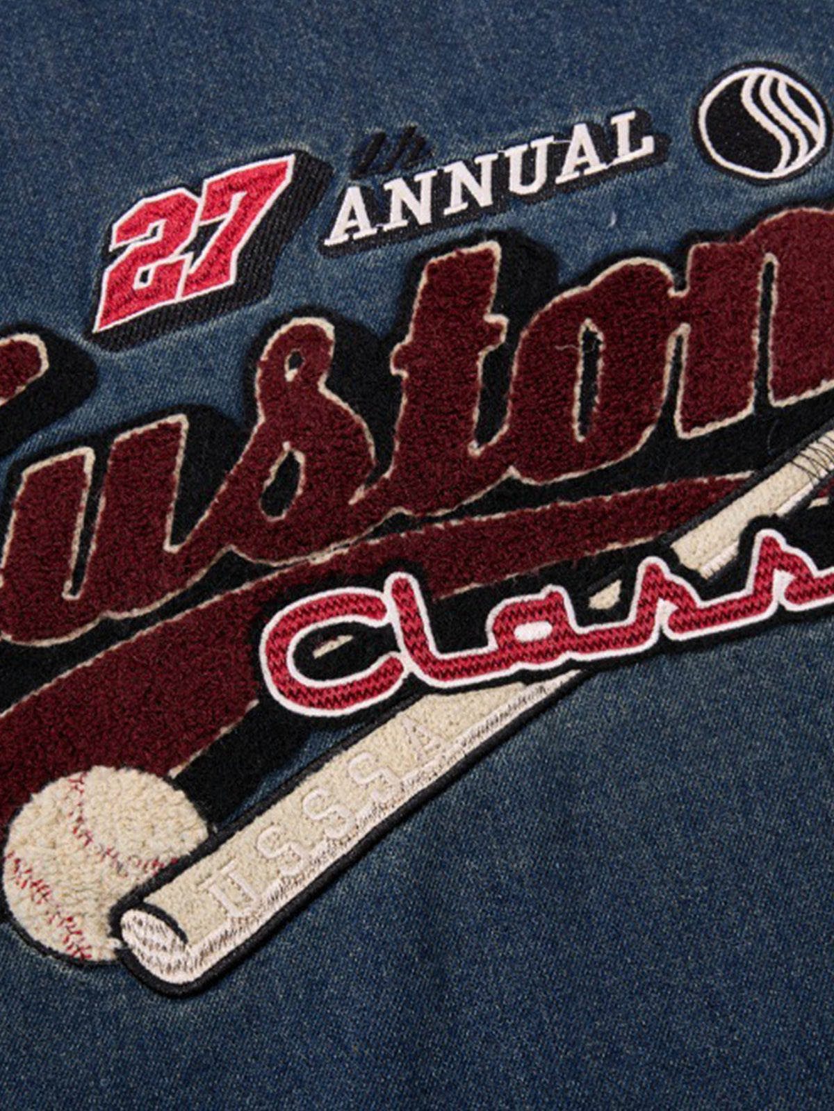 Vintage Washed Baseball Embroidered Denim Sweatshirt