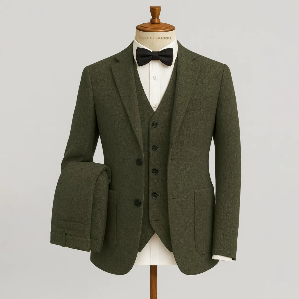 Sweetearing Tweed Suit Men's Breasted Vintage Classic Tuxedos