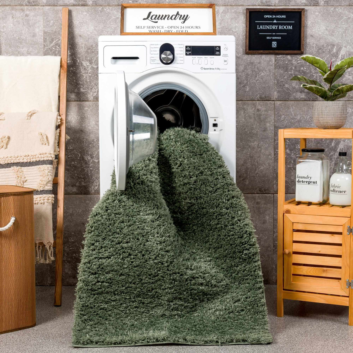 Faina Solid Green Shag Washable Area Rug - Clearance