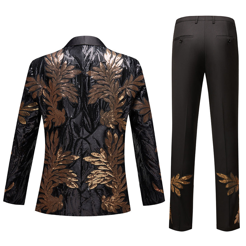2-teiliger Slim-Fit-Smoking für Herren mit goldener Blätterstickerei und Pailletten