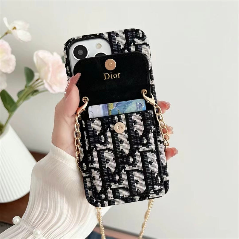 Dior Luxury iPhone Case with Chain, Card Slot, and Metal Logo for iPhone 12-18 Pro & Pro Max