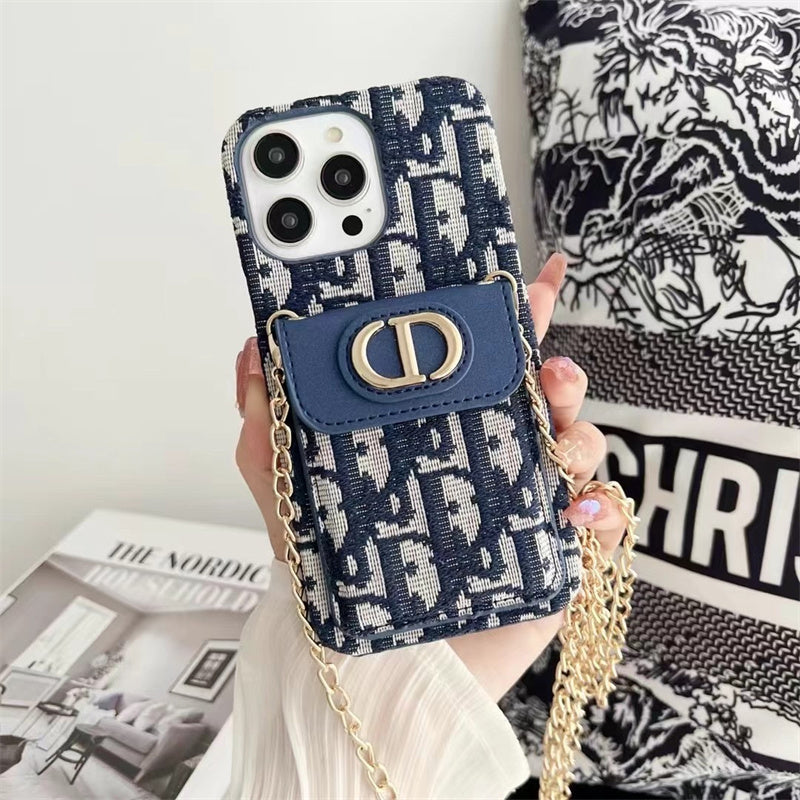 Dior Luxury iPhone Case with Chain, Card Slot, and Metal Logo for iPhone 12-18 Pro & Pro Max