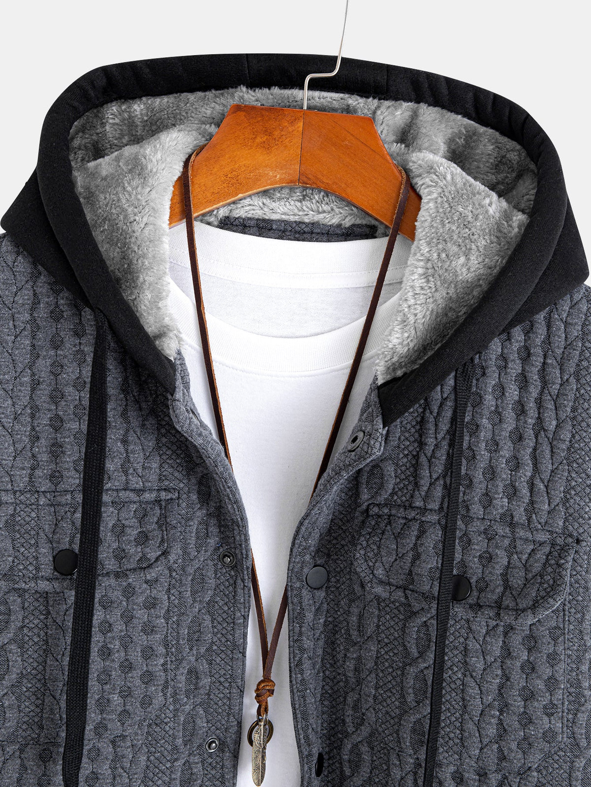Faux Fur Lined Twist Jacquard Hooded Coat