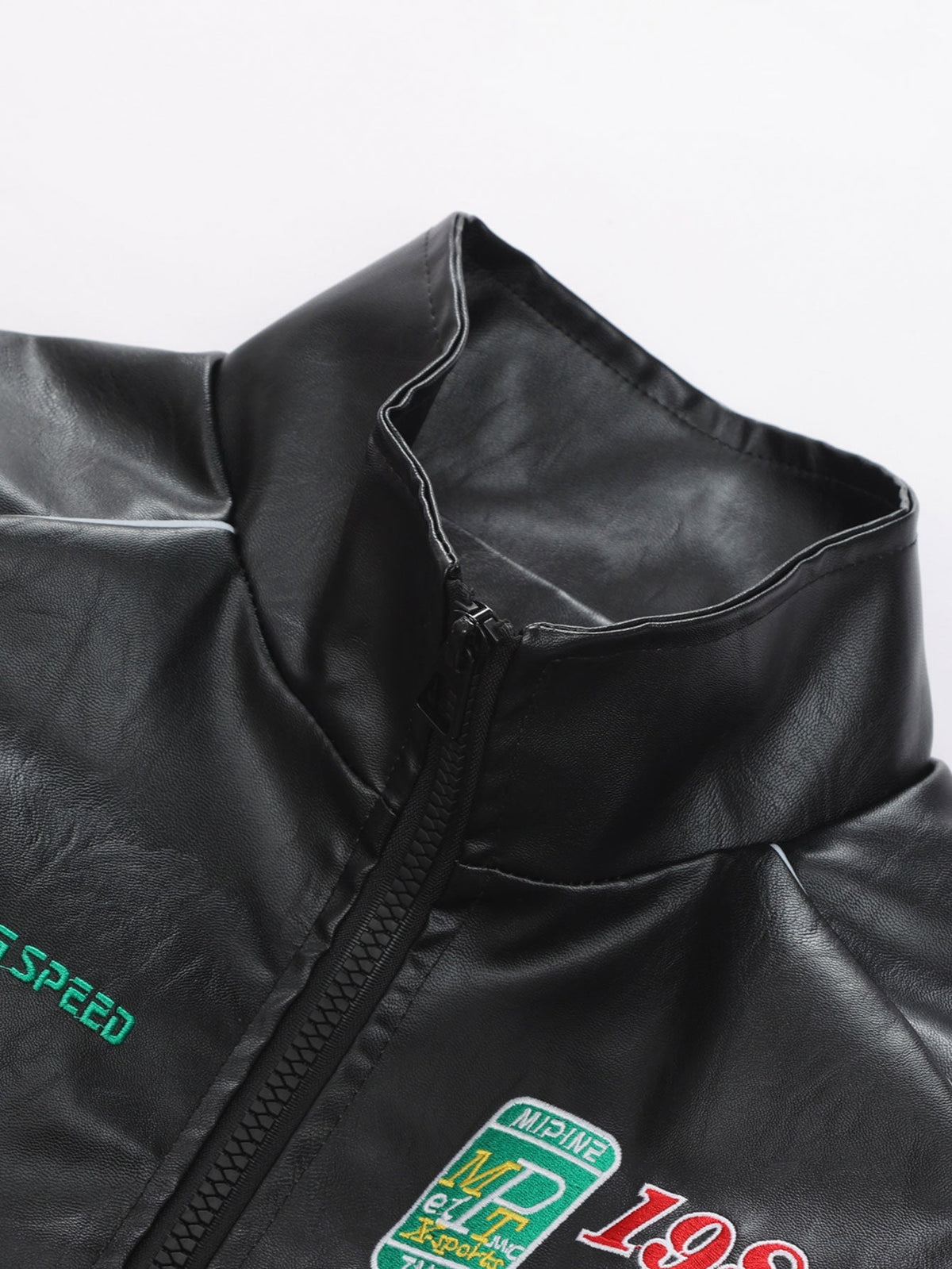 Fleece Lined Embroidery Leather Racing Jacket