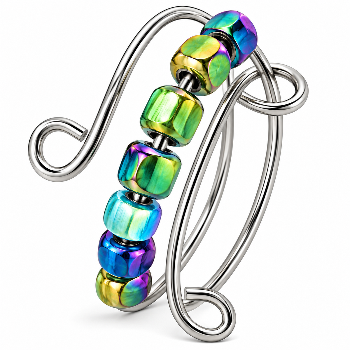 Metallic Rainbow Bead Fidget Ring Adjustable