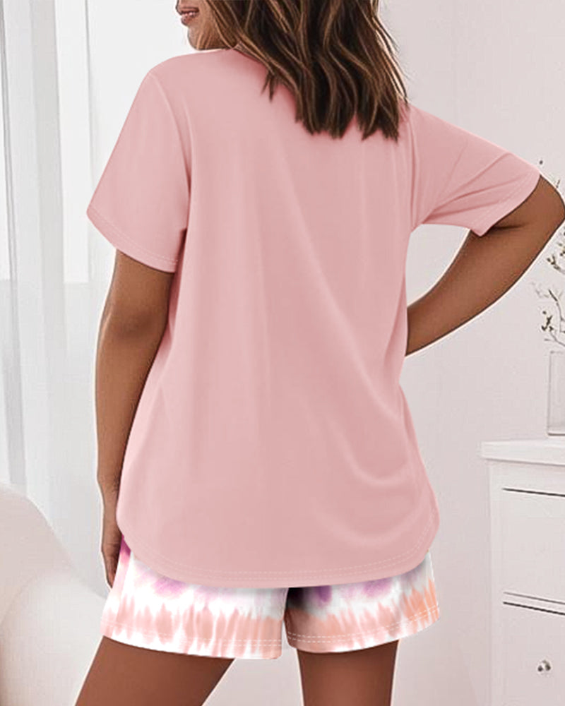 2 Pieces Outfit Graphic Pattern Short Sleeve Top and Casual Tie Dye Print Pants Set