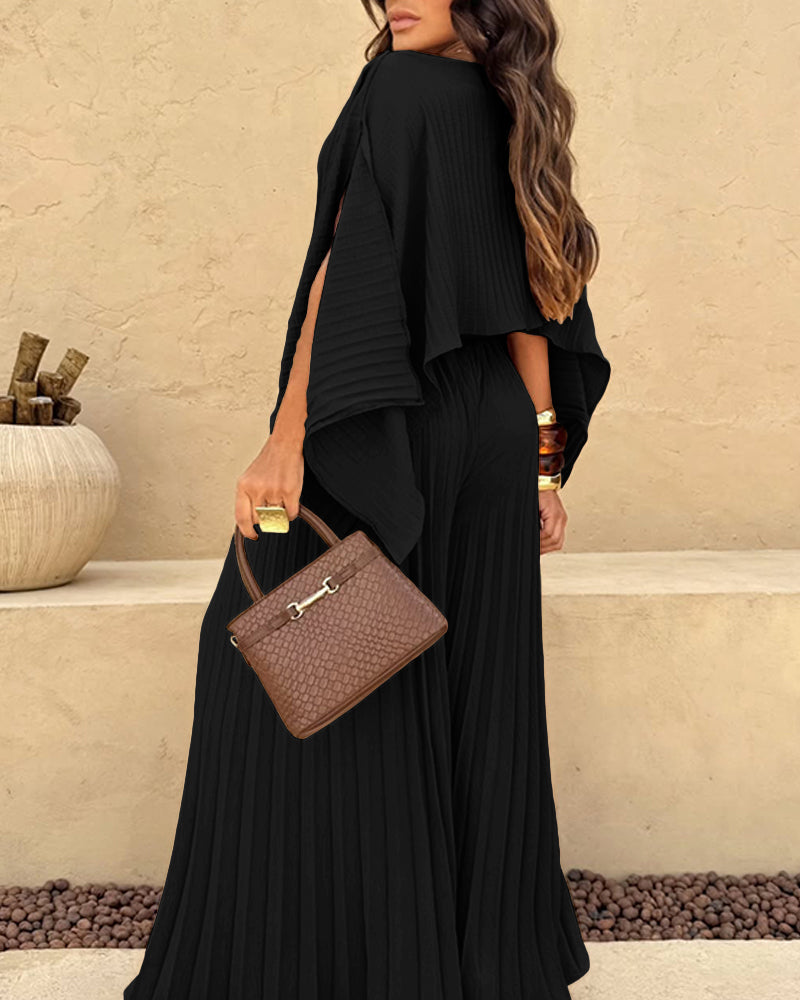 2 Pieces Outfit Irregular Hem Slit Sleeve Top and High Waist Wide Leg Pleated Pants Set