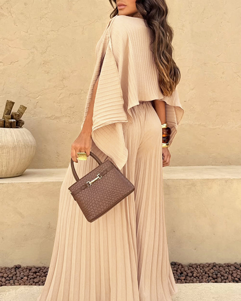 2 Pieces Outfit Irregular Hem Slit Sleeve Top and High Waist Wide Leg Pleated Pants Set
