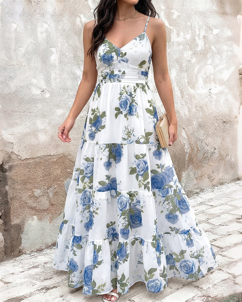 Damen-Maxikleid mit Blumenmuster, Rüschensaum, Camisole-Kleid, V-Ausschnitt, gerafft, Sommer-Urlaub, Boho-langes Kleid mit integriertem BH