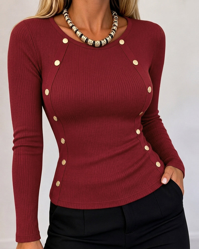 Women's Gold Button Long Sleeve Crewneck Ribbed Knit Slim Fit Top