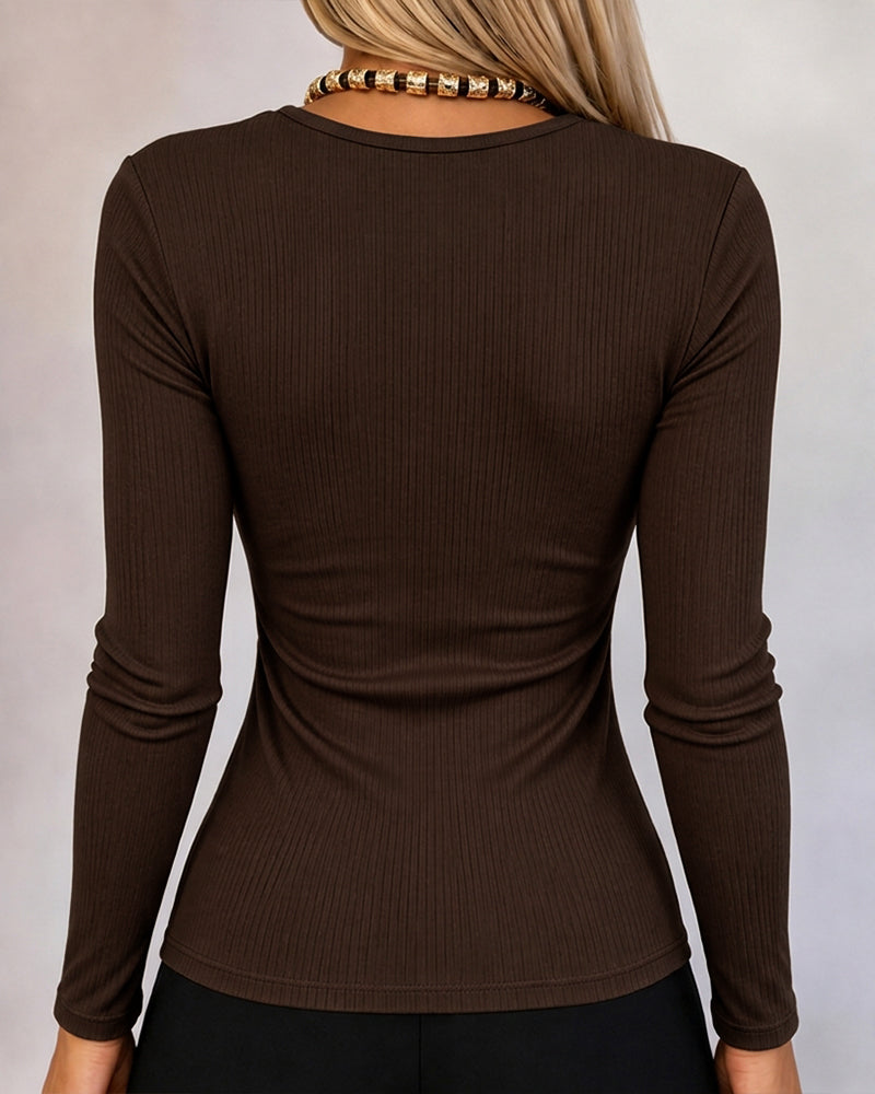 Women's Gold Button Long Sleeve Crewneck Ribbed Knit Slim Fit Top