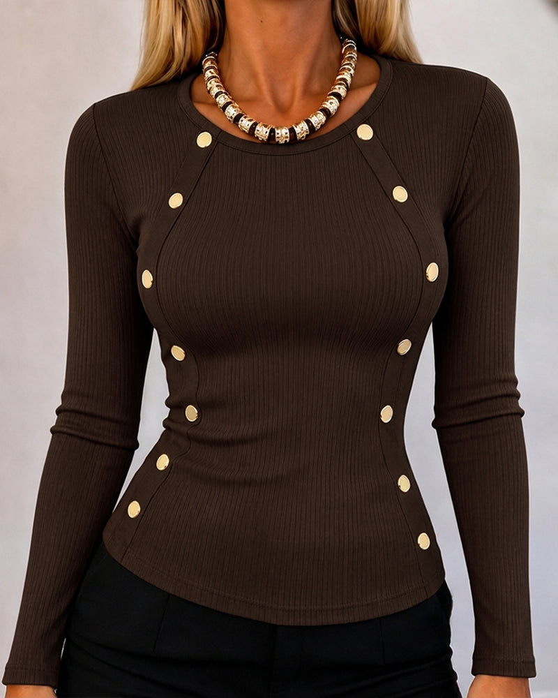 Women's Gold Button Long Sleeve Crewneck Ribbed Knit Slim Fit Top