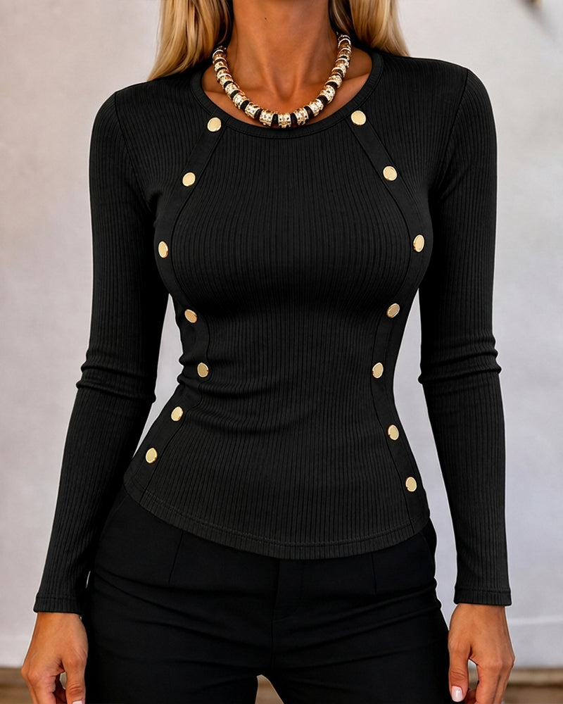 Women's Gold Button Long Sleeve Crewneck Ribbed Knit Slim Fit Top