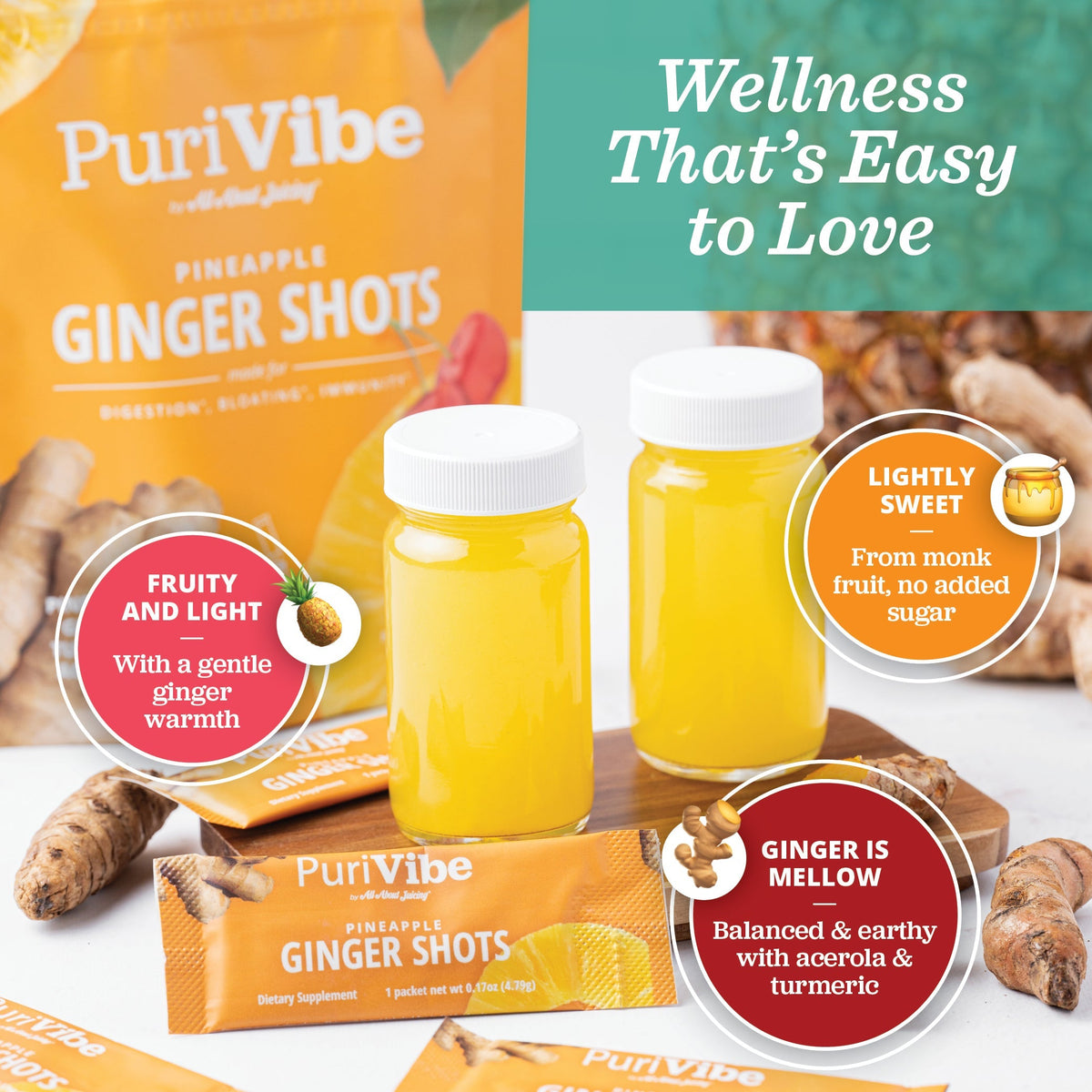 Pineapple Ginger Superfood Juice Powder Wellness Shot Stick Packs