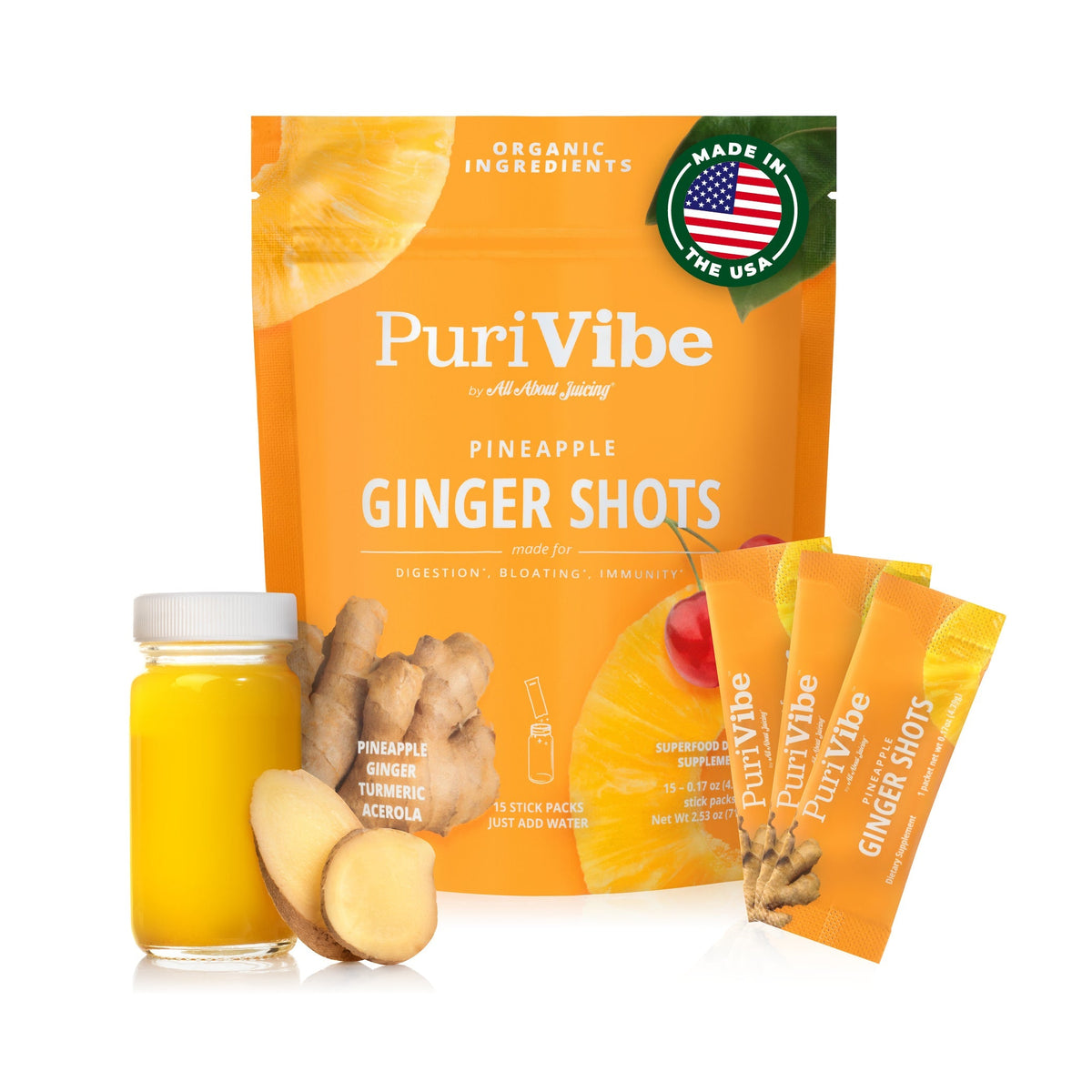 Pineapple Ginger Superfood Juice Powder Wellness Shot Stick Packs