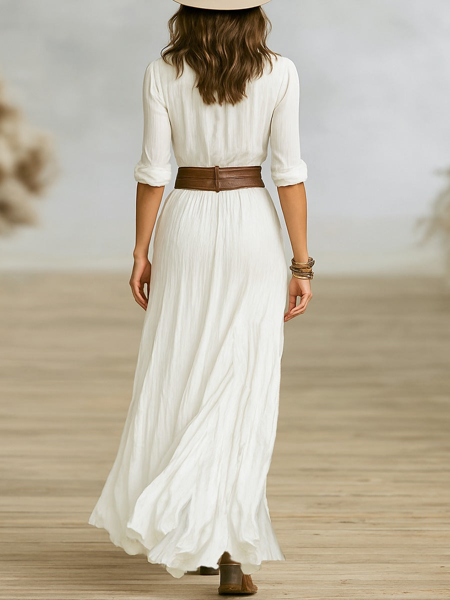 Crissanta | Langes Kleid mit Gürtel und plissierten Revers