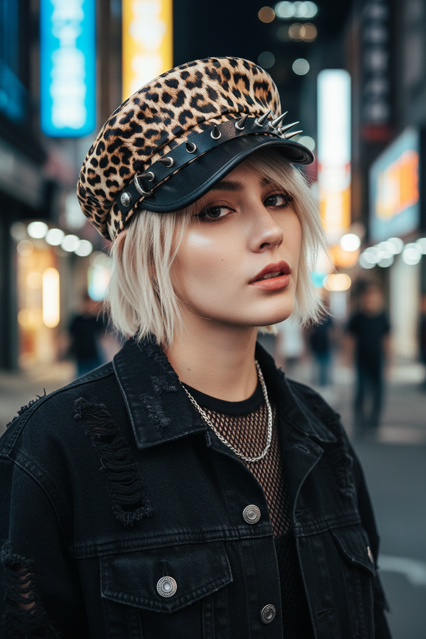 Leopard Print Faux Leather Dome Cap for Girls