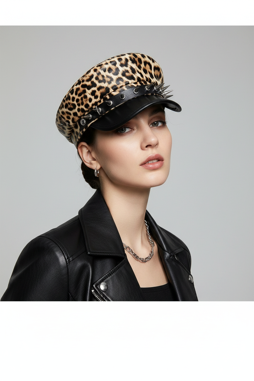 Leopard Print Faux Leather Dome Cap for Girls