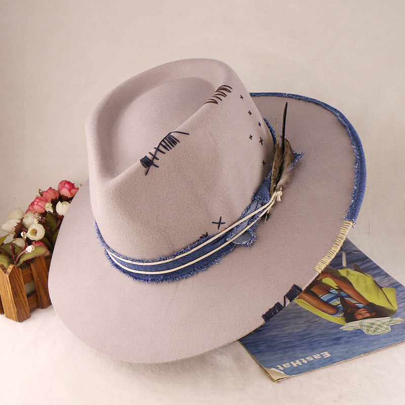 City Slicker Fedora in Beige with Feather Blue Patchwork And Band