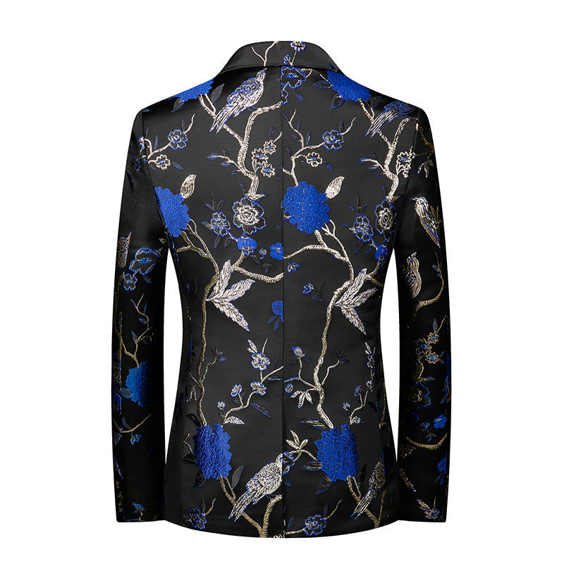 Men's 2-Piece Large Collar Unique Blue Bird Embroidery Suit