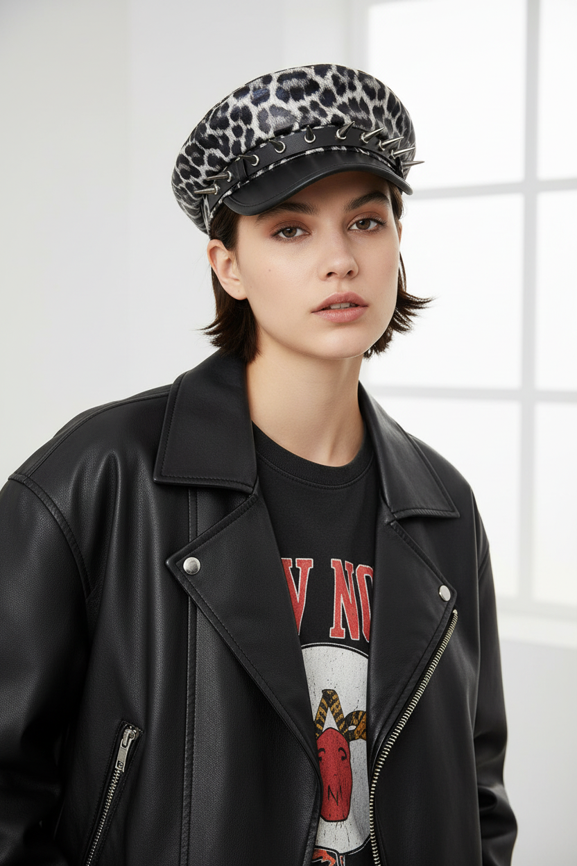 Leopard Print Faux Leather Dome Cap for Girls