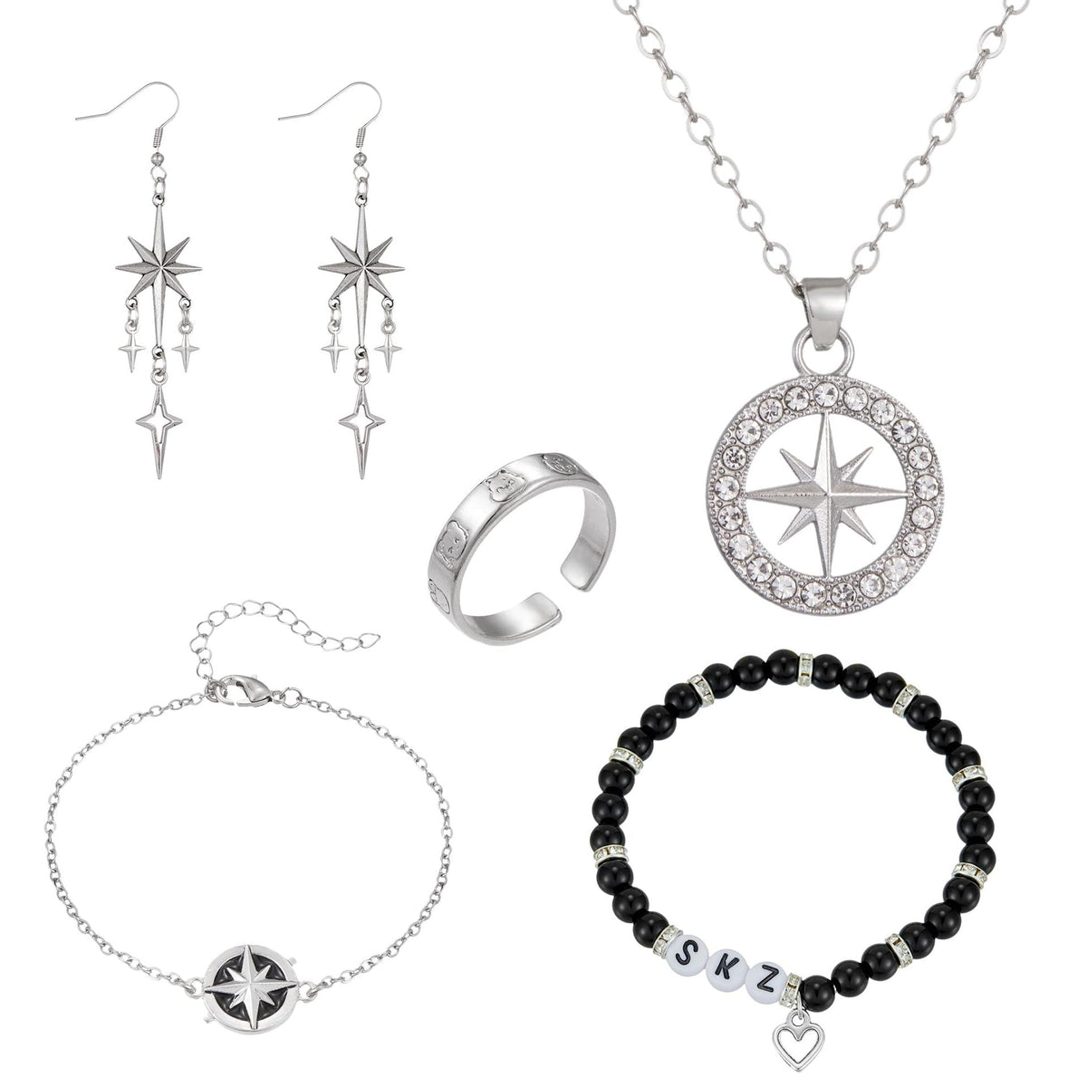 SKZ Compass Necklace Bracelet Ring Earrings Set - Stray Kids merch