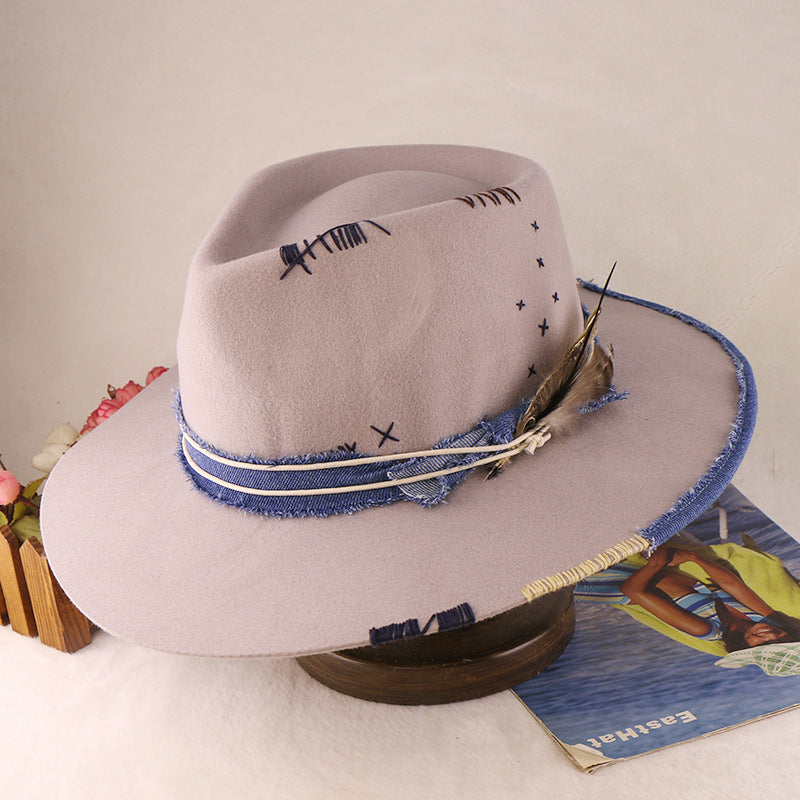City Slicker Fedora in Beige with Feather Blue Patchwork And Band