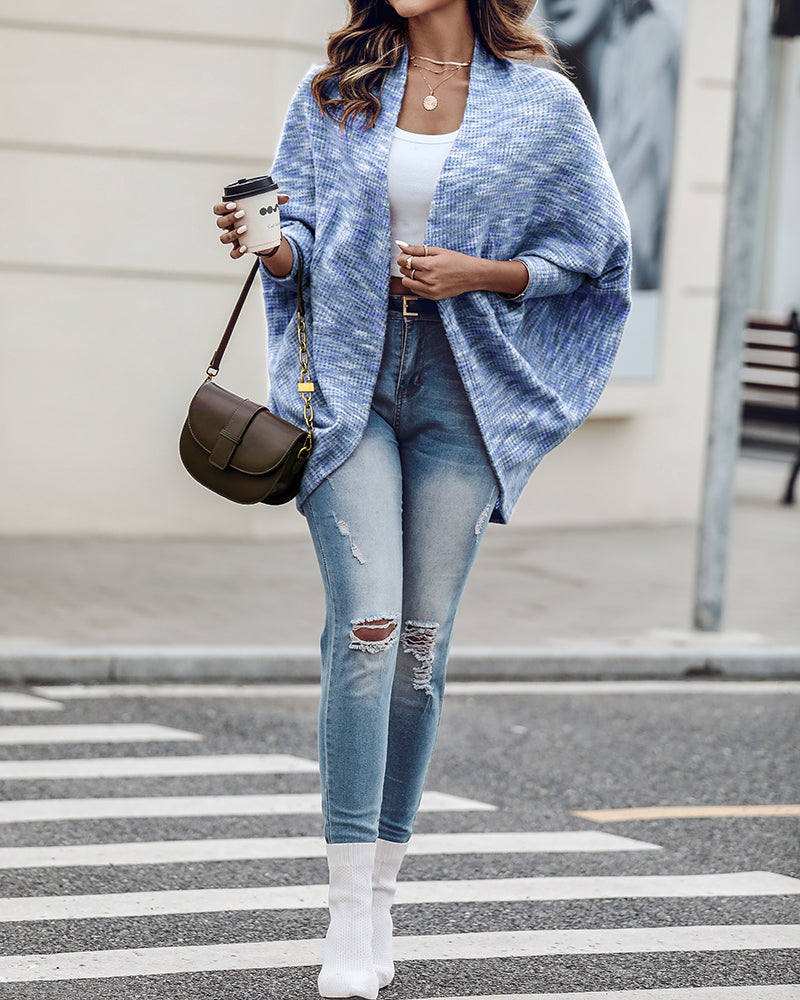 Colorful Waffle Knit Open Front Coat Batwing Long Sleeve Cardigan