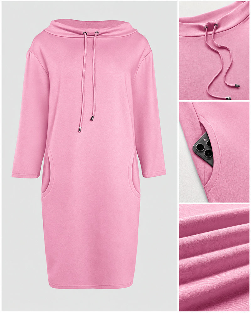 Stand Collar Drawstring Three Quarters Sleeve Casual Sweatshirt Dress