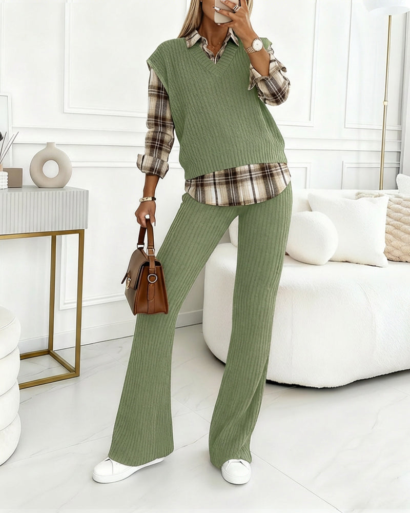 Vintage Plaid Print Spliced Turn-down Collar Long Sleeve Faux Two-Piece Top and Elastic Waist Pants Set Casual Ribbed Brushed Commuting Set