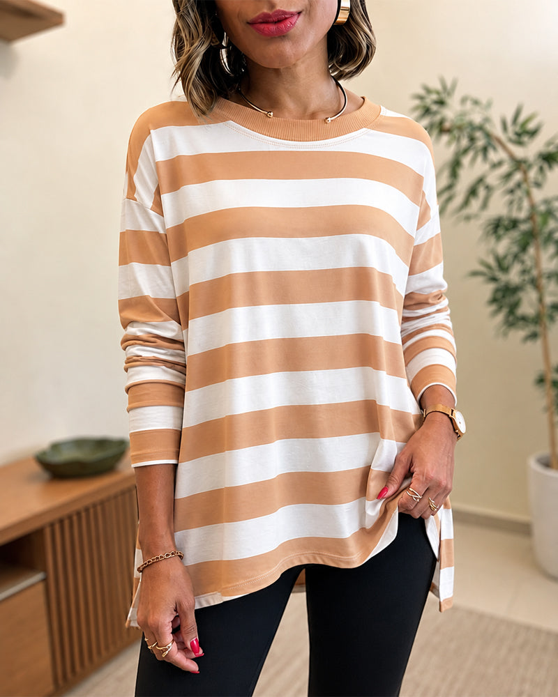 Damen Langarm-Shirt gestreift mit überschnittenen Schultern Rundhalsausschnitt Seitenschlitz lässiges lockeres Oberteil