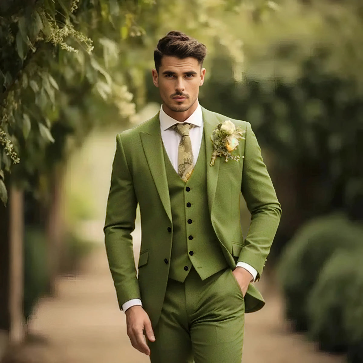 Mens Olive Green Suit Double Breasted Three Piece Suit Tuxedo