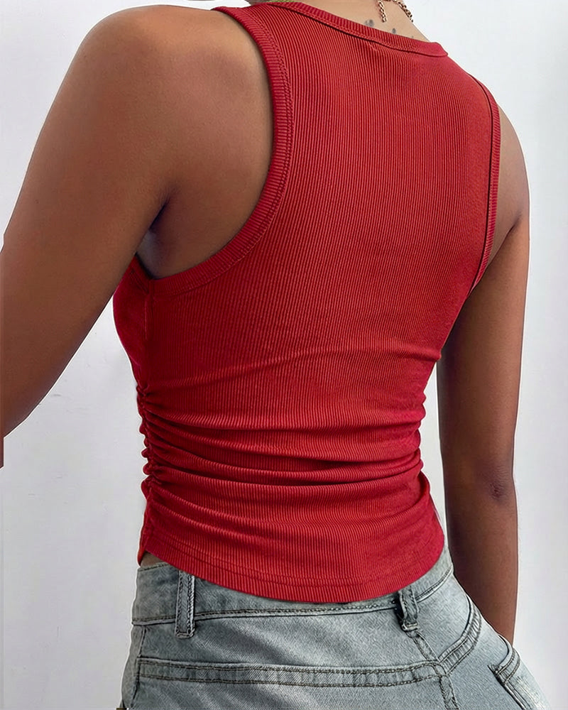 Round Neck Sleeveless Side Ruched Tank Slim Fit Ribbed Racerback Tank Top