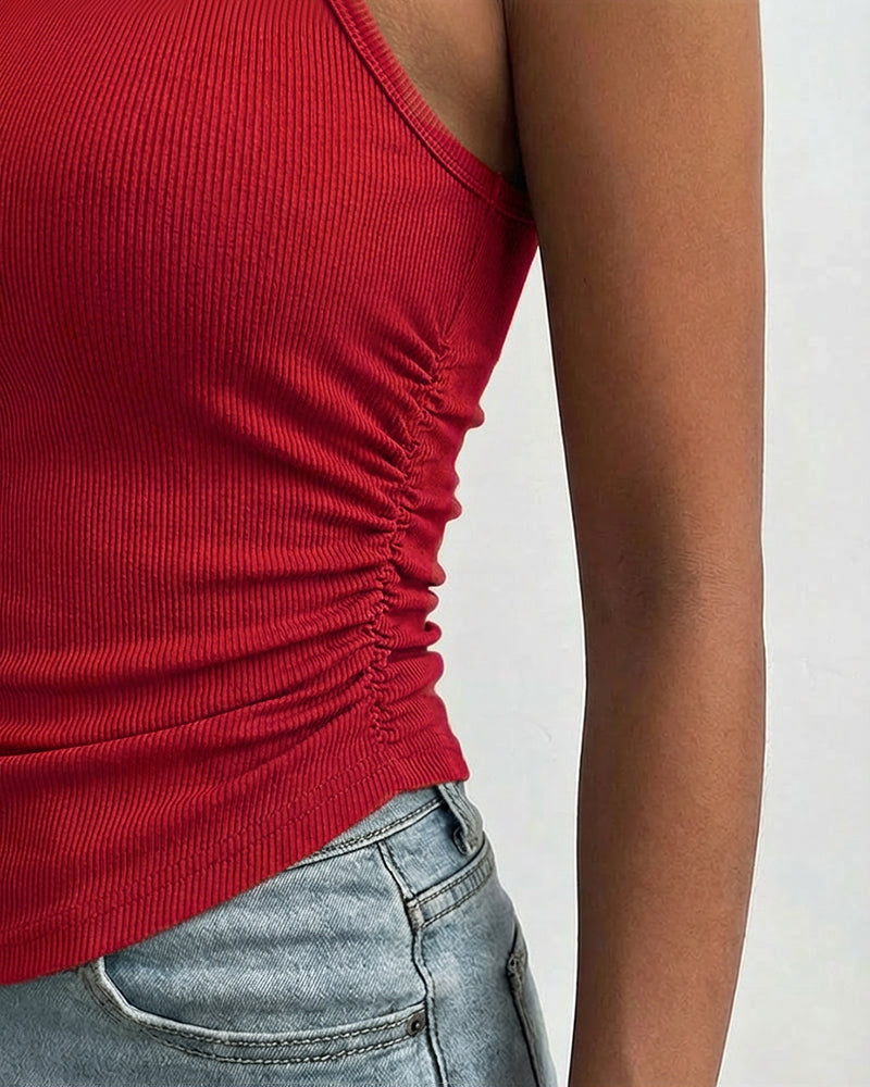 Round Neck Sleeveless Side Ruched Tank Slim Fit Ribbed Racerback Tank Top