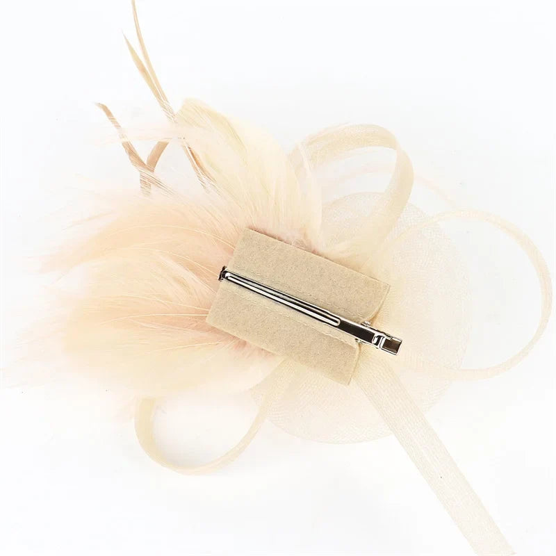 Beige Headband Pillbox Fascinator Hat with Cupid Feathers
