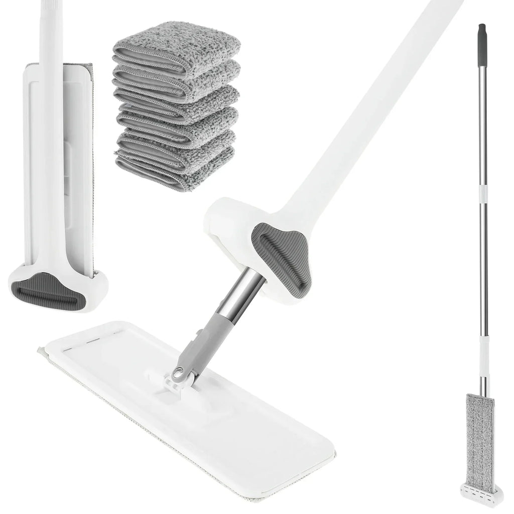 Microfiber Flat Mop 360 ° Rotating Flat Floor Mop Self Wringing Dust Mop with Dewatering Scraper for Kitchen Home Cleaning Mop
