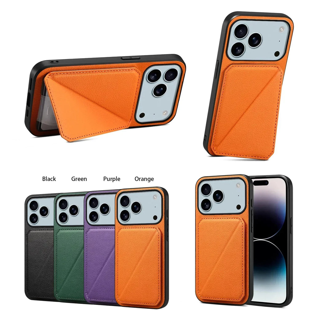 Leather Phone Case Invisible Bracket Card Holder For Cover For iPhone 17/ 16/ 15/ 14