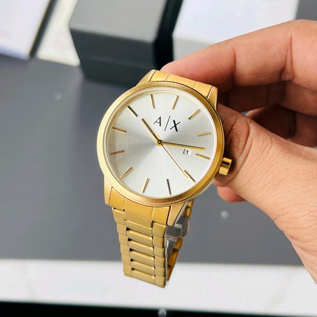 Armani Exchange Cayde AX2707 Herren-Analoguhr – Goldfarbenes Zifferblatt mit passendem Edelstahlarmband in Gold