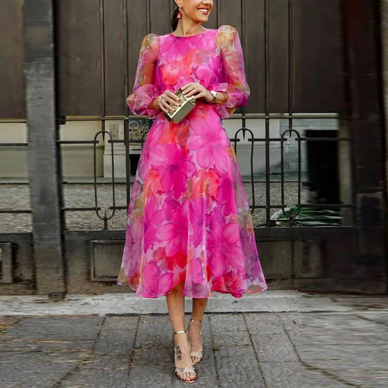 Maxine | Elegantes Midikleid mit Blumenmuster und langen Ärmeln