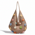 Women's Tan Crochet Slouchy Hobo Bag with Multicolour 3D Flower Appliqués