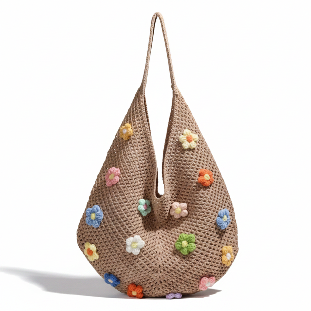 Women's Tan Crochet Slouchy Hobo Bag with Multicolour 3D Flower Appliqués
