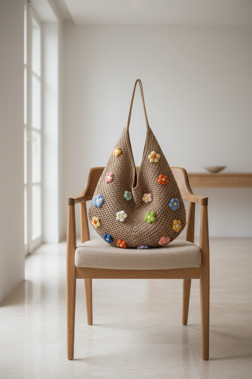 Women's Tan Crochet Slouchy Hobo Bag with Multicolour 3D Flower Appliqués