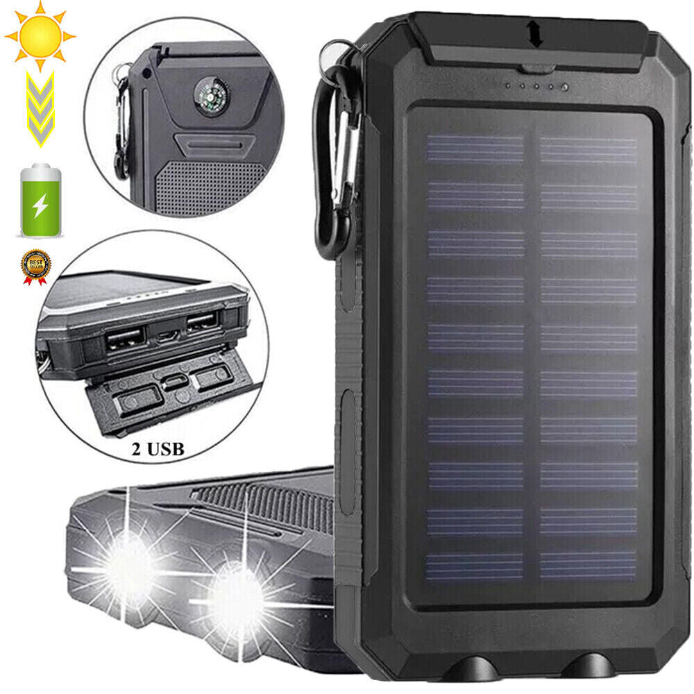 Solar Power Bank for Portable USB Charging, 10000mAh Dual-Port Battery with LED Lights and Built-In Compass
