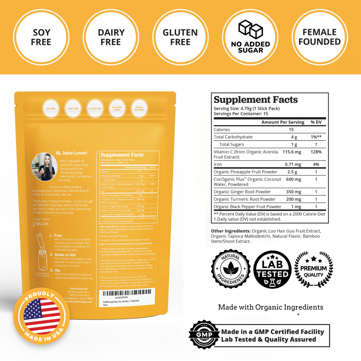 Pineapple Ginger Superfood Juice Powder Wellness Shot Stick Packs