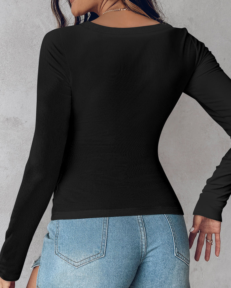 ChicMe Built-in Bra U-Neck Long Sleeve Ribbed Top