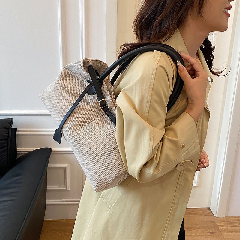 Natural Linen Tote Bag with Black Leather Belt Detail